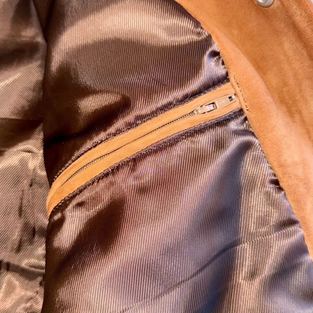 REISS Tobacco Brown Suede Leather Trucker Jacket Shearing Collar Extra Small XS - Picture 10 of 14